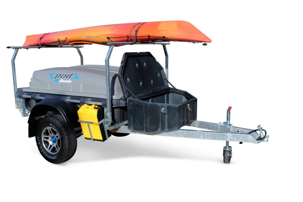 Chassis-mounted overhead kayak racks fitted to a Pod Trailer