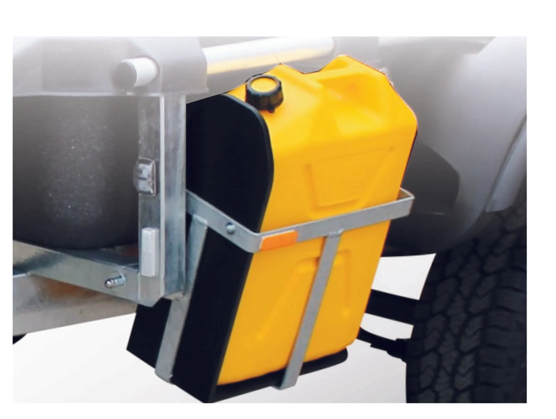 Jerry can holders mounted on a Pod Trailer drawbar