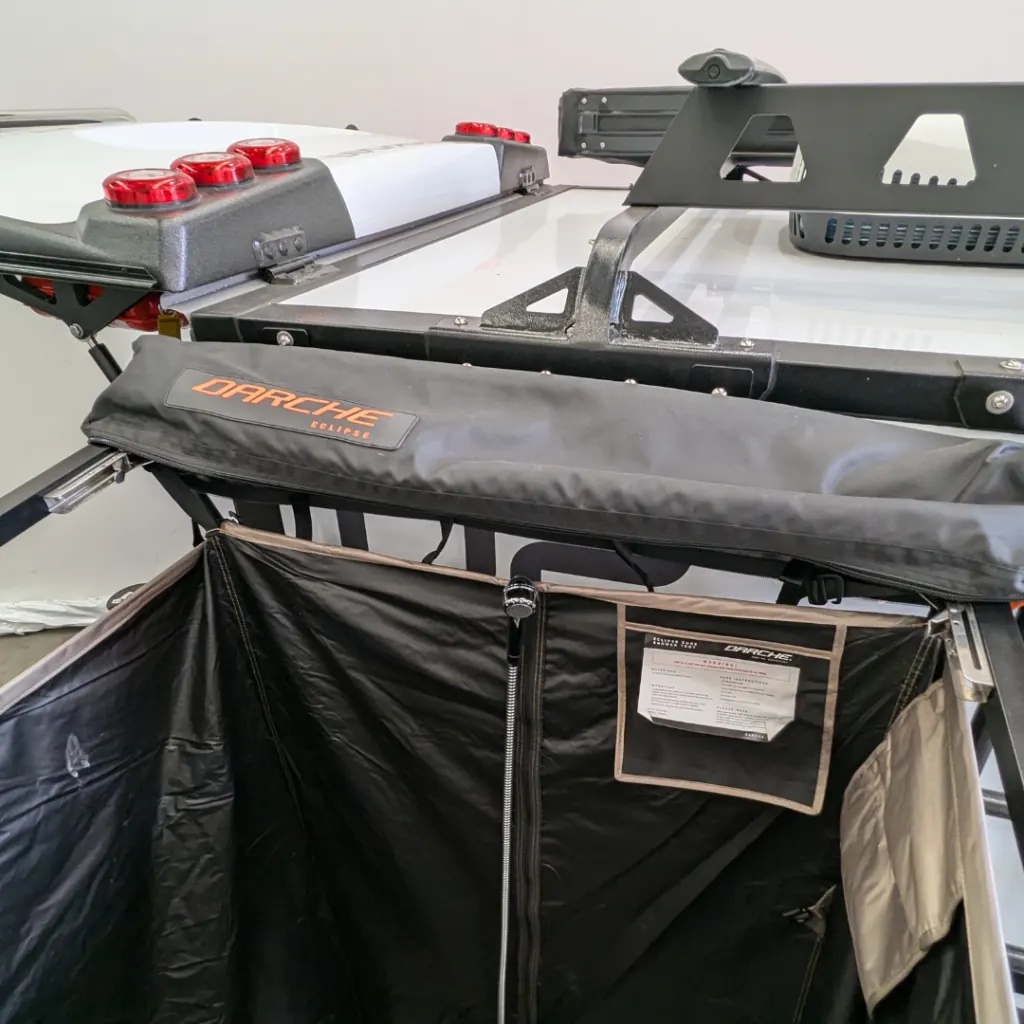Darche shower tent mounted to the Rover 02 All Terrain camper