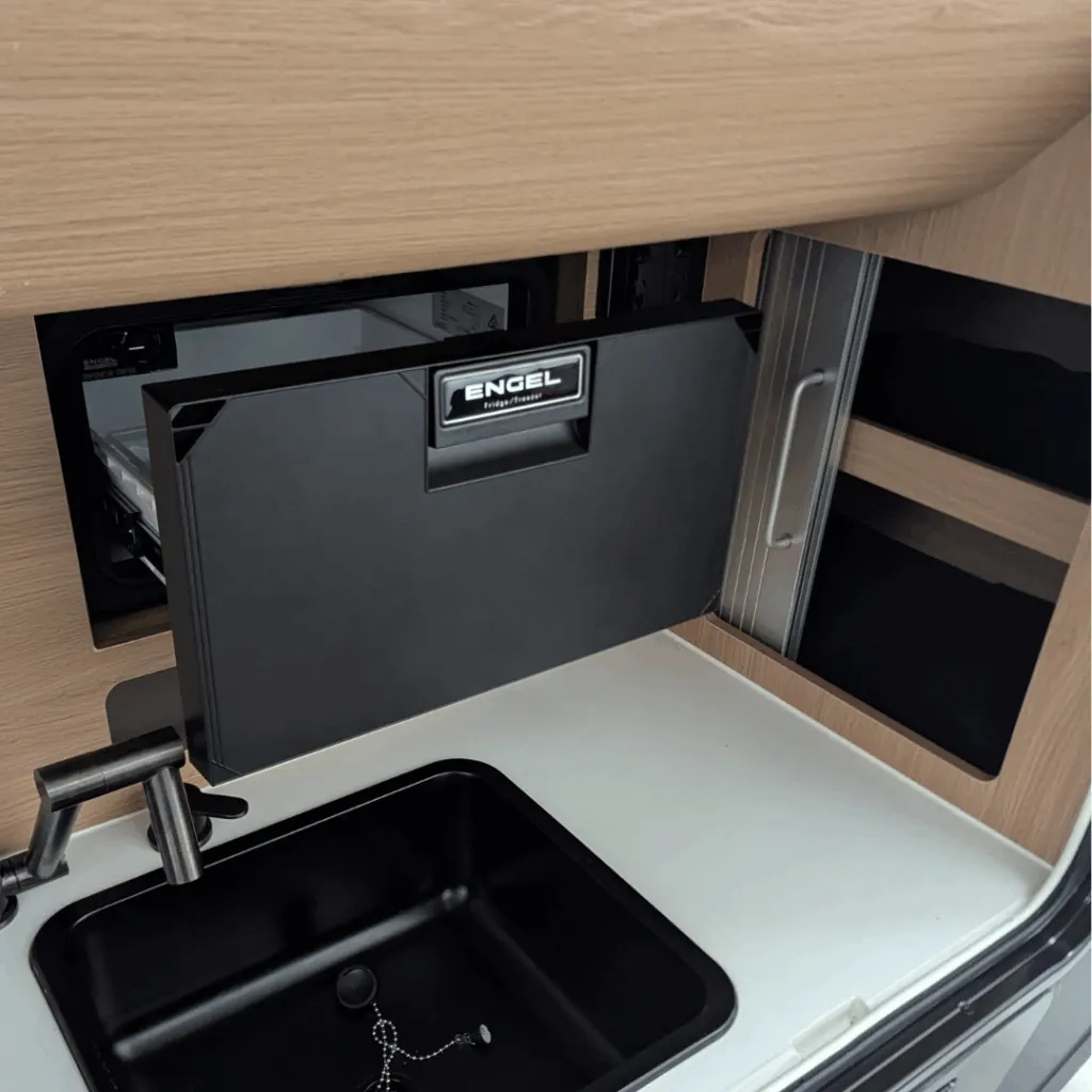Engel 30L drawer fridge fitted into the Trekka 01 external alcove kitchen