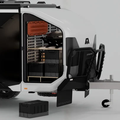 Trekka nosecone with MOLLE panel and Stockman stacking bins on a low shelf